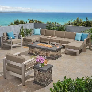 Outdoor 7 Seater Extended Aluminum Chat Set with Fire Pit - NH968903 patio chairs, outdoor seating