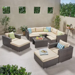 Outdoor 7 Seater V Shaped Wicker Sectional Sofa Chat Set with Ottomans - NH579903 patio chairs, outdoor seating