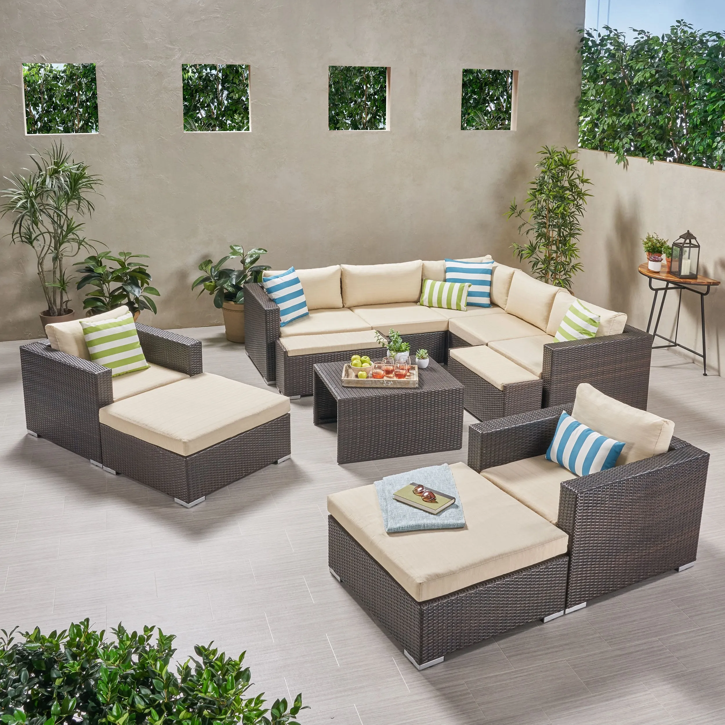 Outdoor 7 Seater V Shaped Wicker Sectional Sofa Chat Set with Ottomans - NH579903 patio chairs, outdoor seating