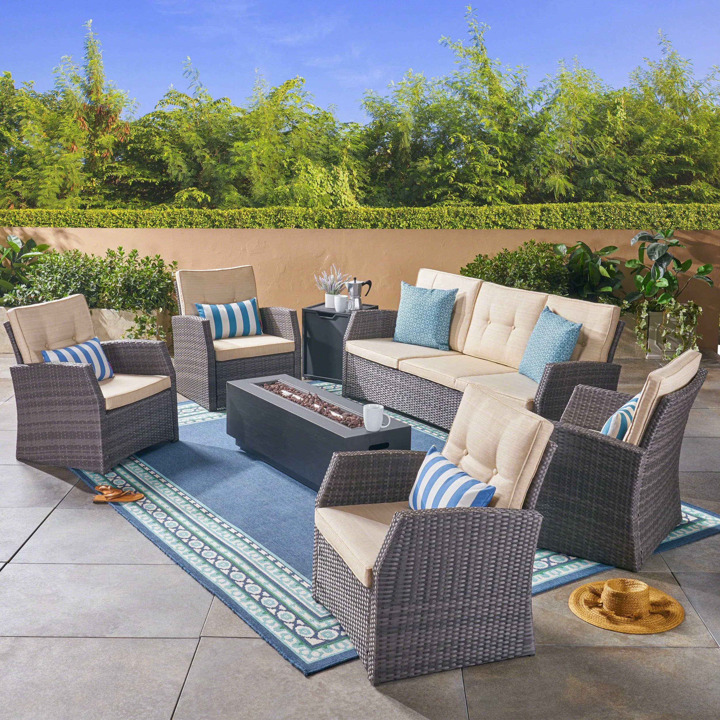 Outdoor 7 Seater Wicker Chat Set with an Iron Fire Pit, Gray and Dark Gray - NH781503 patio chairs, outdoor seating