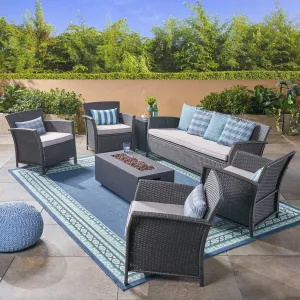 Outdoor 7 Seater Wicker Chat Set with Fire Pit, Gray and Dark Gray - NH503503 patio chairs, outdoor seating
