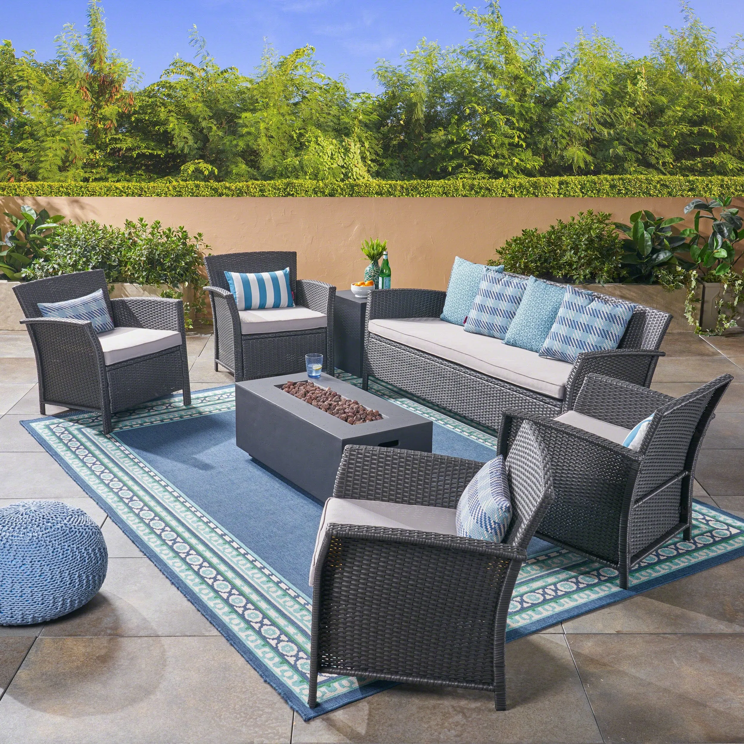 Outdoor 7 Seater Wicker Chat Set with Fire Pit, Gray and Dark Gray - NH503503 patio chairs, outdoor seating