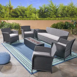 Outdoor 7 Seater Wicker Chat Set with Fire Pit, Gray and Silver and Dark Gray - NH924503 patio chairs, outdoor seating