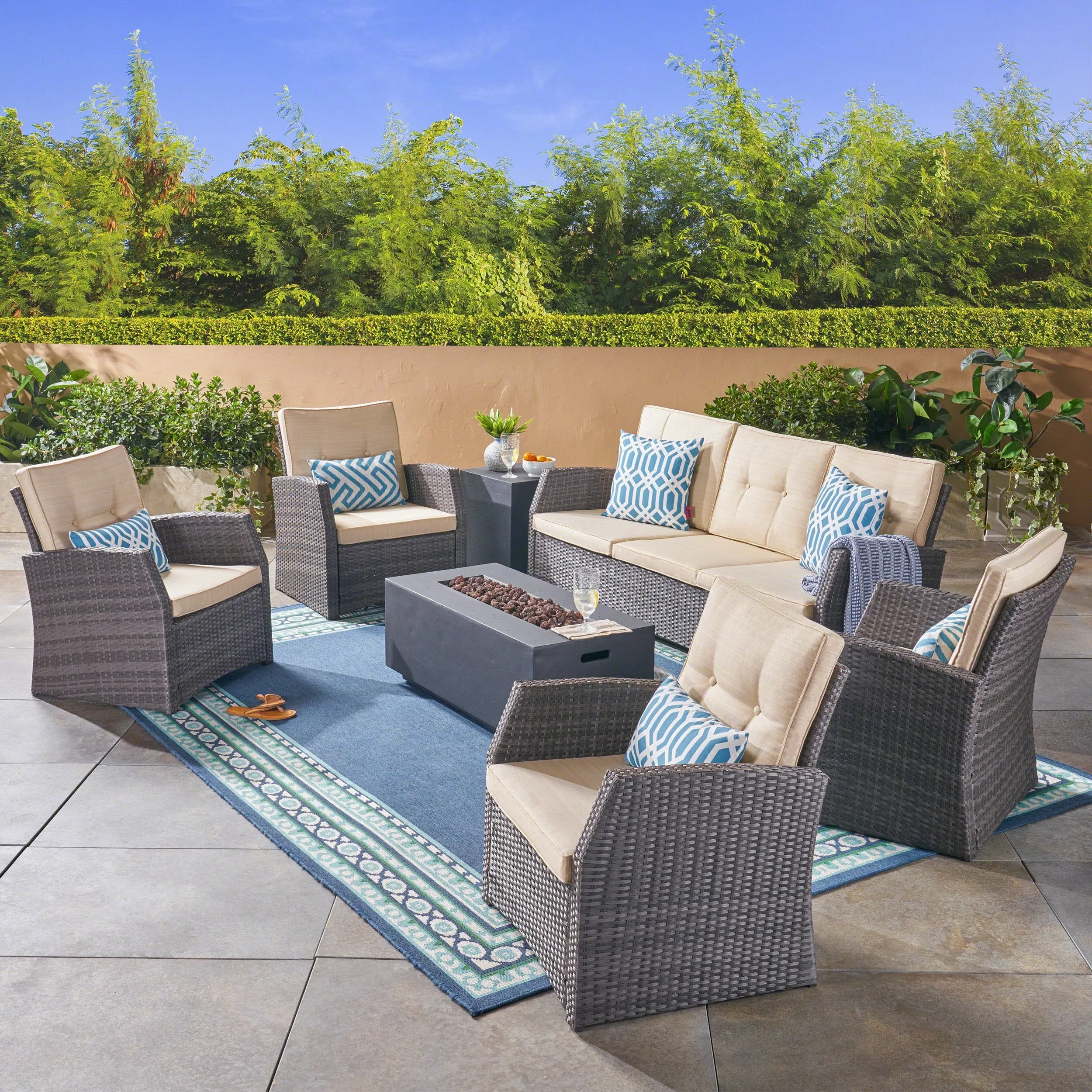 Outdoor 7 Seater Wicker Chat Set with Light Weight Concrete Fire Pit, Gray and Dark Gray - NH312503 patio chairs, outdoor seating