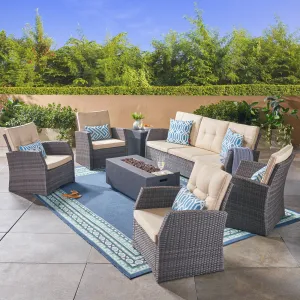 Outdoor 7 Seater Wicker Chat Set with Light Weight Concrete Fire Pit, Gray and Dark Gray - NH312503 patio chairs, outdoor seating