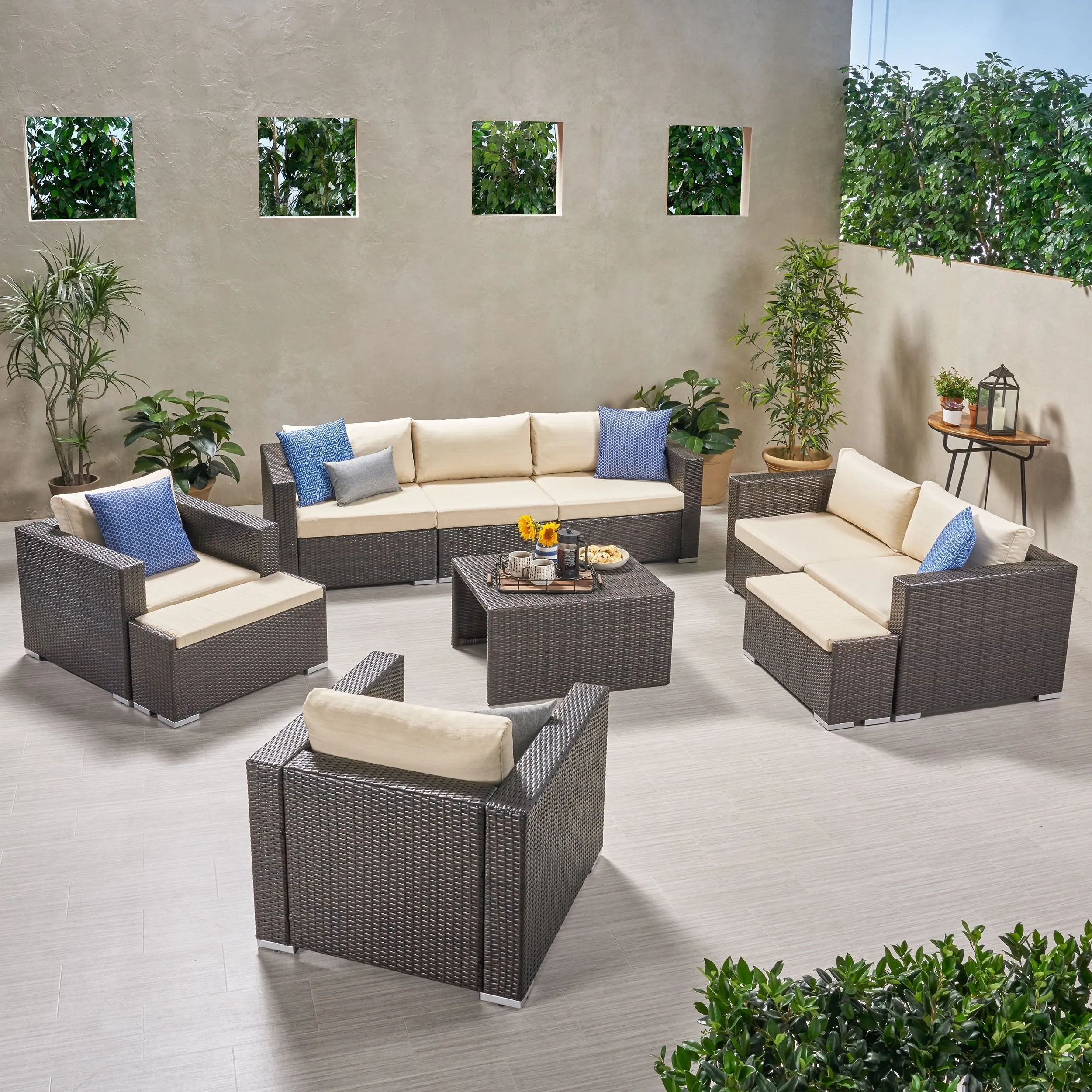 Outdoor 7 Seater Wicker Extended Sofa Chat Set with Ottomans - NH979903 patio chairs, outdoor seating