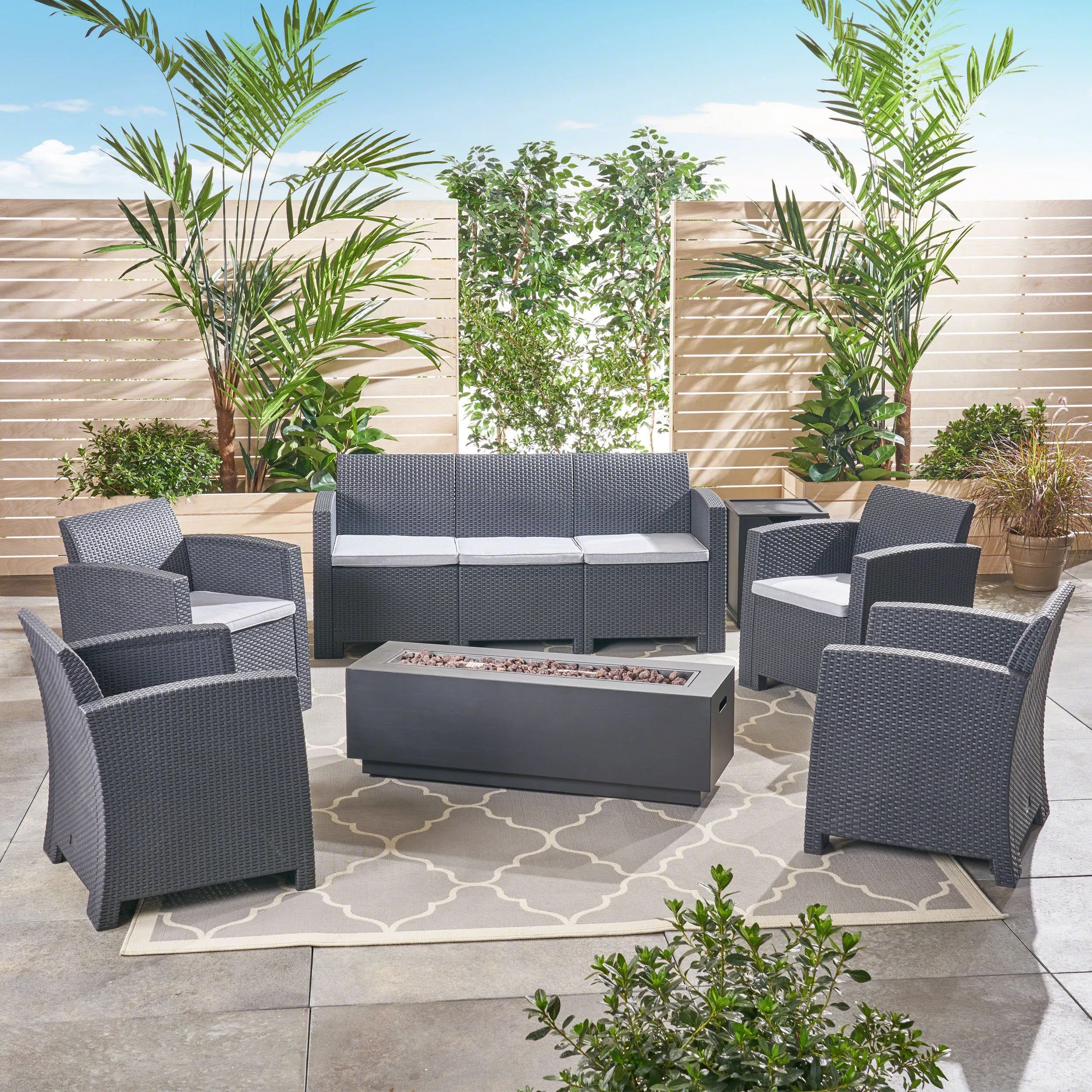 Outdoor 7-Seater Wicker Print Chat Set with Fire Pit and Tank Holder, Charcoal with Light Gray and Dark Gray - NH633603 patio chairs, outdoor seating