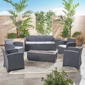 Outdoor 7-Seater Wicker Print Chat Set with Fire Pit and Tank Holder, Charcoal with Light Gray and Dark Gray - NH633603 patio chairs, outdoor seating