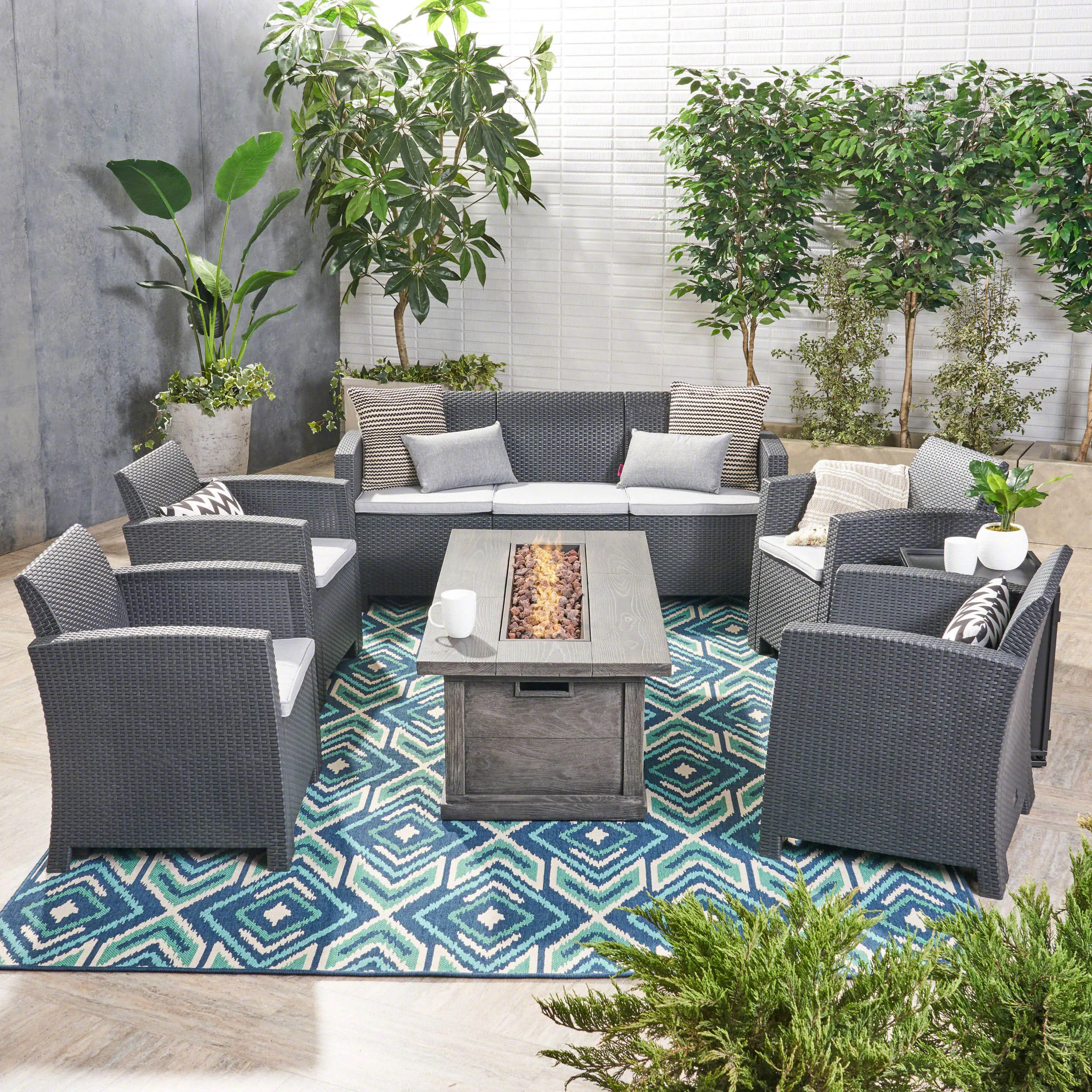Outdoor 7-Seater Wicker Print Chat Set with Fire Pit and Tank Holder - NH123603