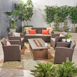 Outdoor 7-Seater Wicker Print Chat Set with Fire Pit and Tank Holder - NH123603 patio chairs, outdoor seating