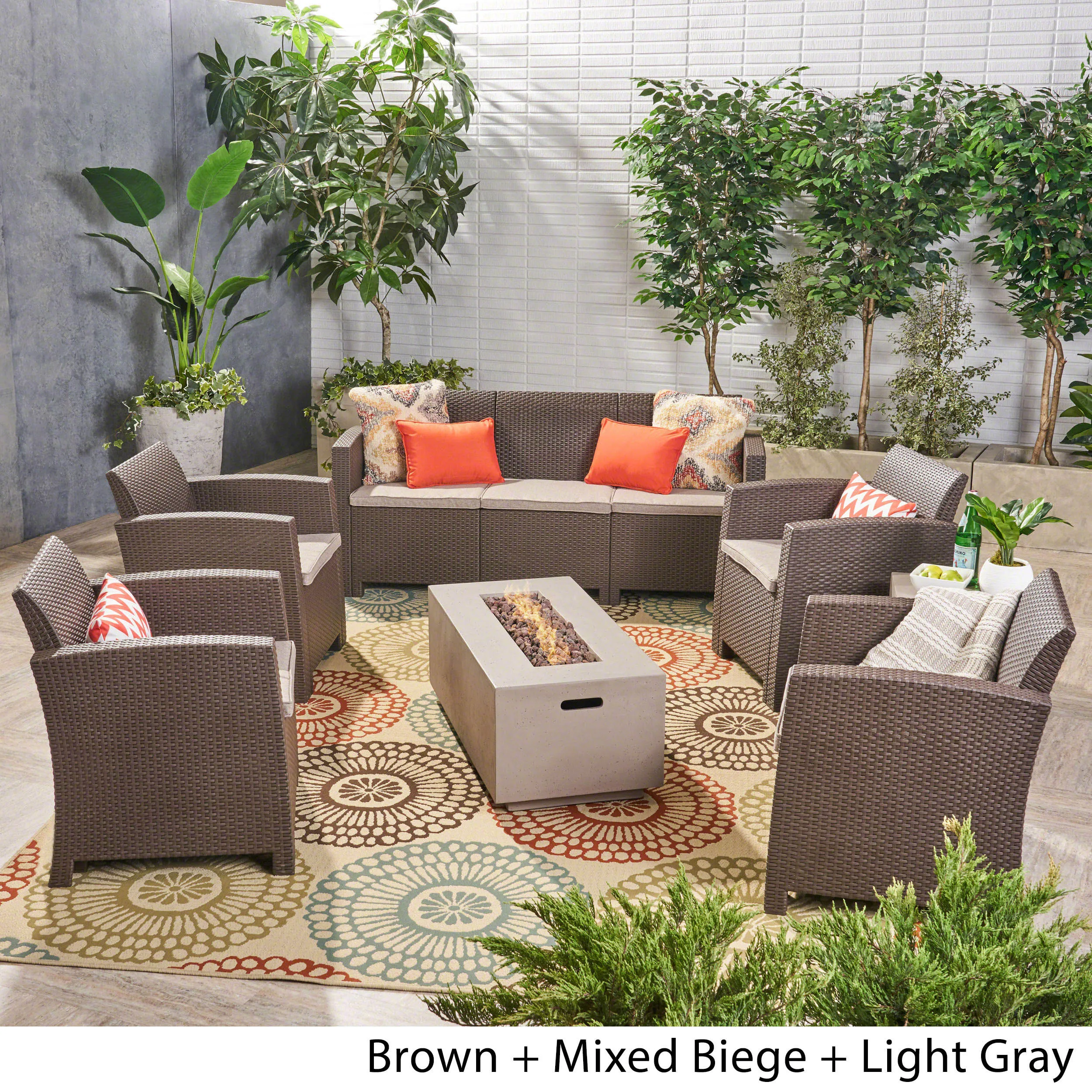Outdoor 7-Seater Wicker Print Chat Set with Fire Pit and Tank Holder - NH223603