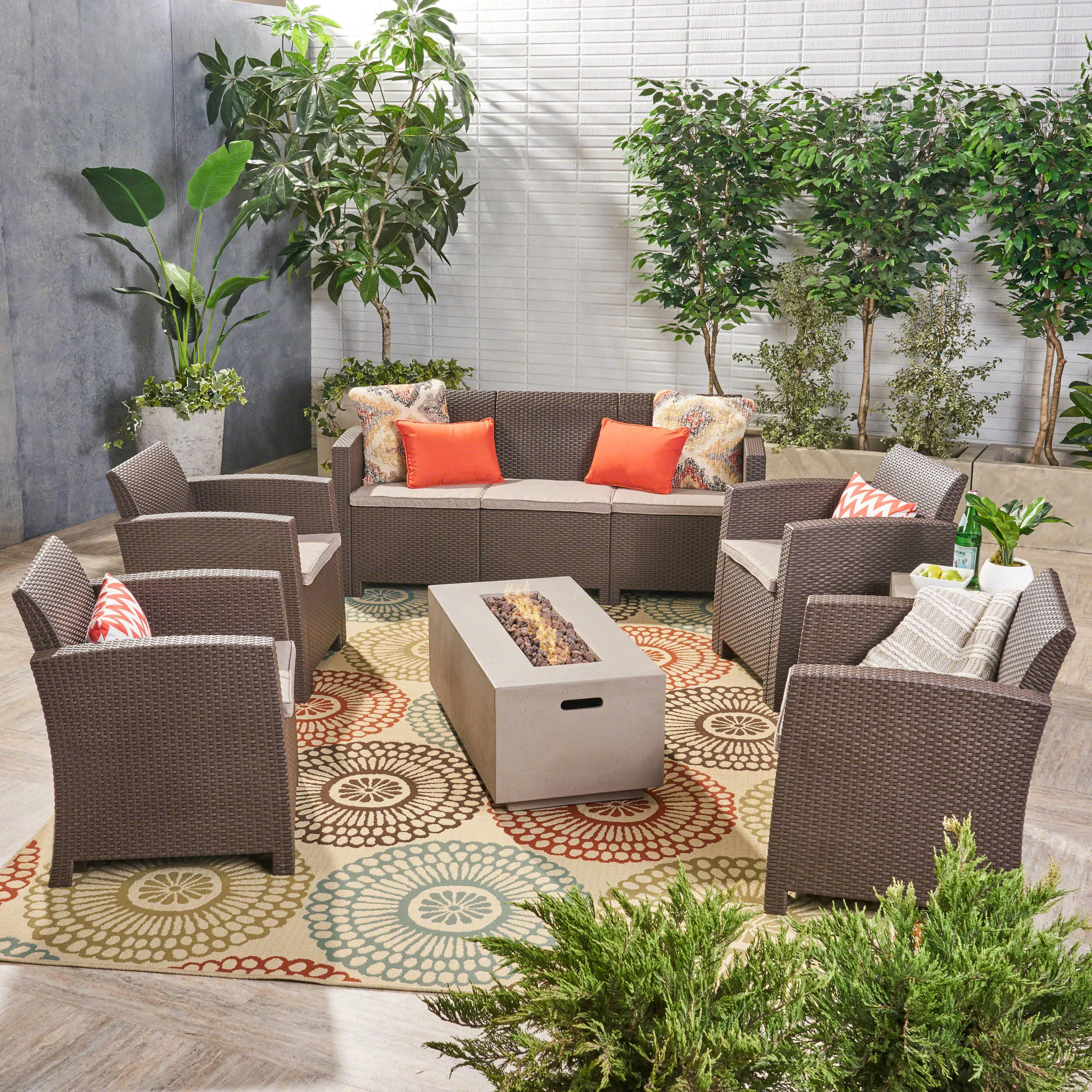Outdoor 7-Seater Wicker Print Chat Set with Fire Pit and Tank Holder - NH223603 patio chairs, outdoor seating