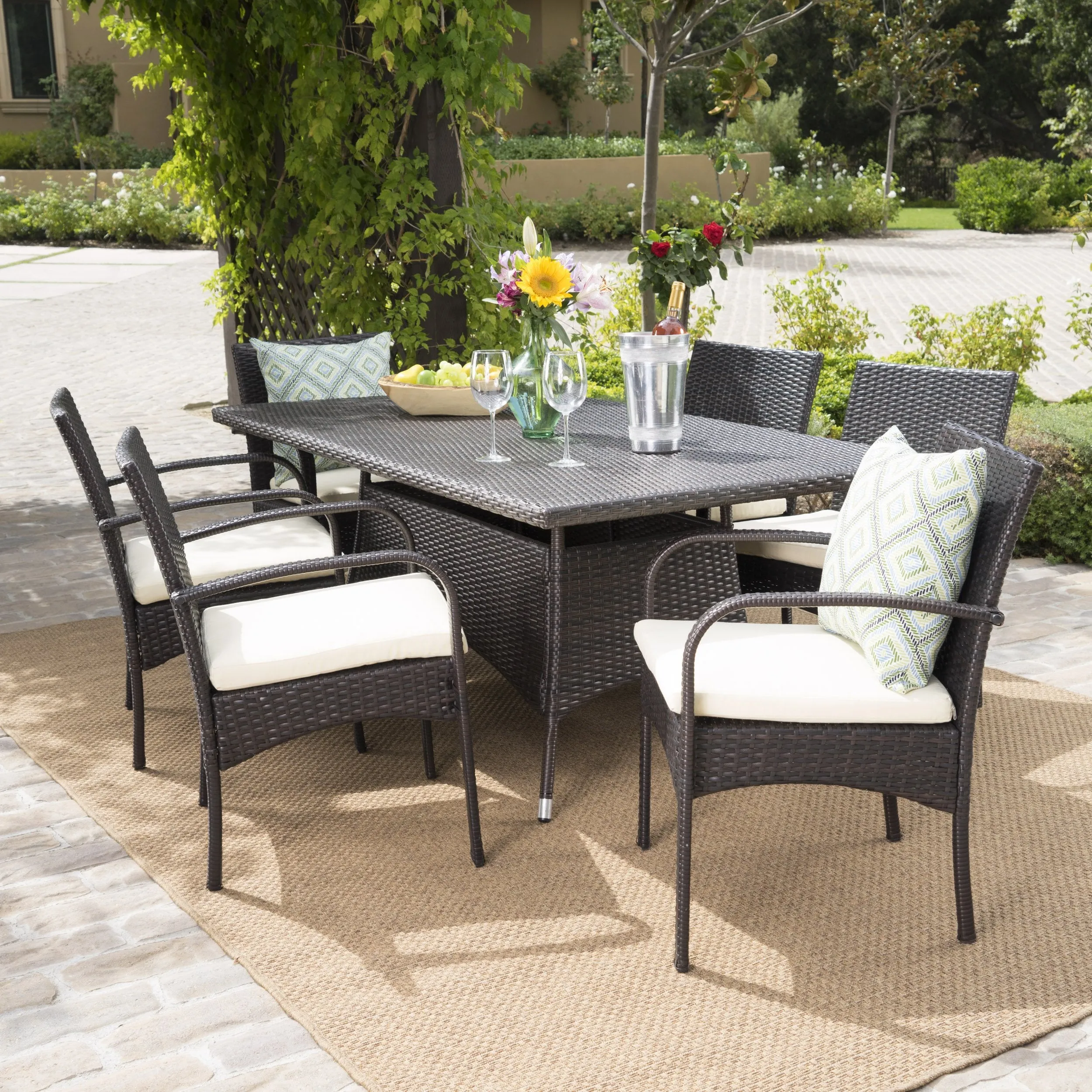 Outdoor 7pc Multibrown PE Wicker Long Dining Set - NH658592 patio chairs, outdoor seating