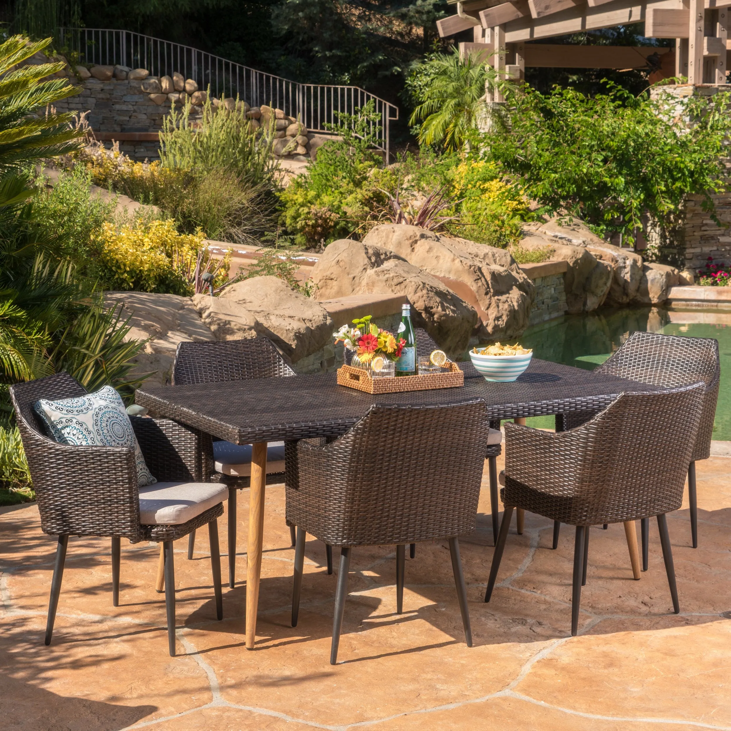 Outdoor 7Pc Multibrown Wicker Dining Set w/ Water Resistant Cushions - NH070103 patio chairs, outdoor seating