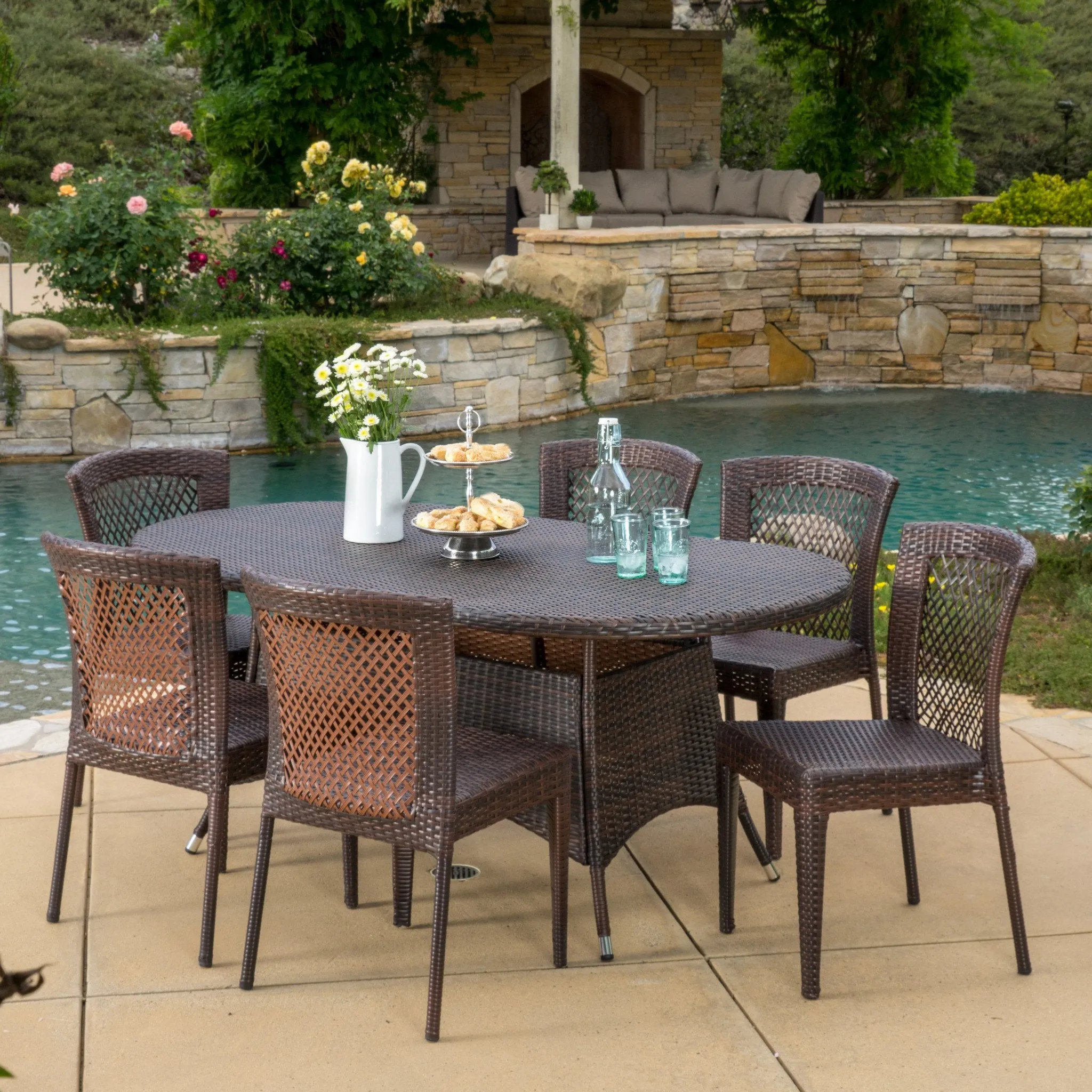 Outdoor 7pc Multibrown Wicker Round Dining Set - NH628592 patio chairs, outdoor seating