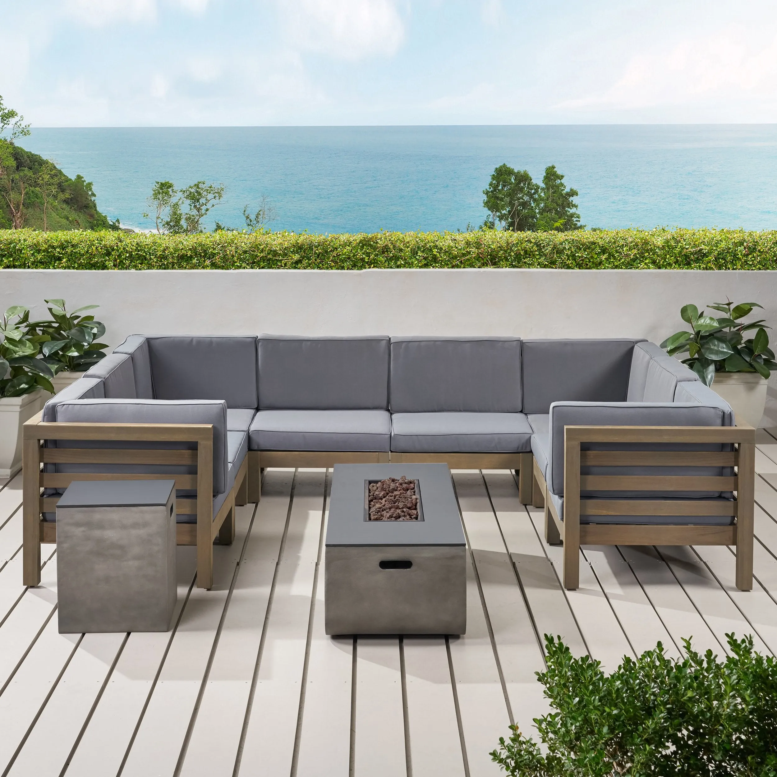 Outdoor 8 Seater Acacia Wood Sectional Sofa Set with Fire Pit and Tank Holder - NH564113 patio chairs, outdoor seating
