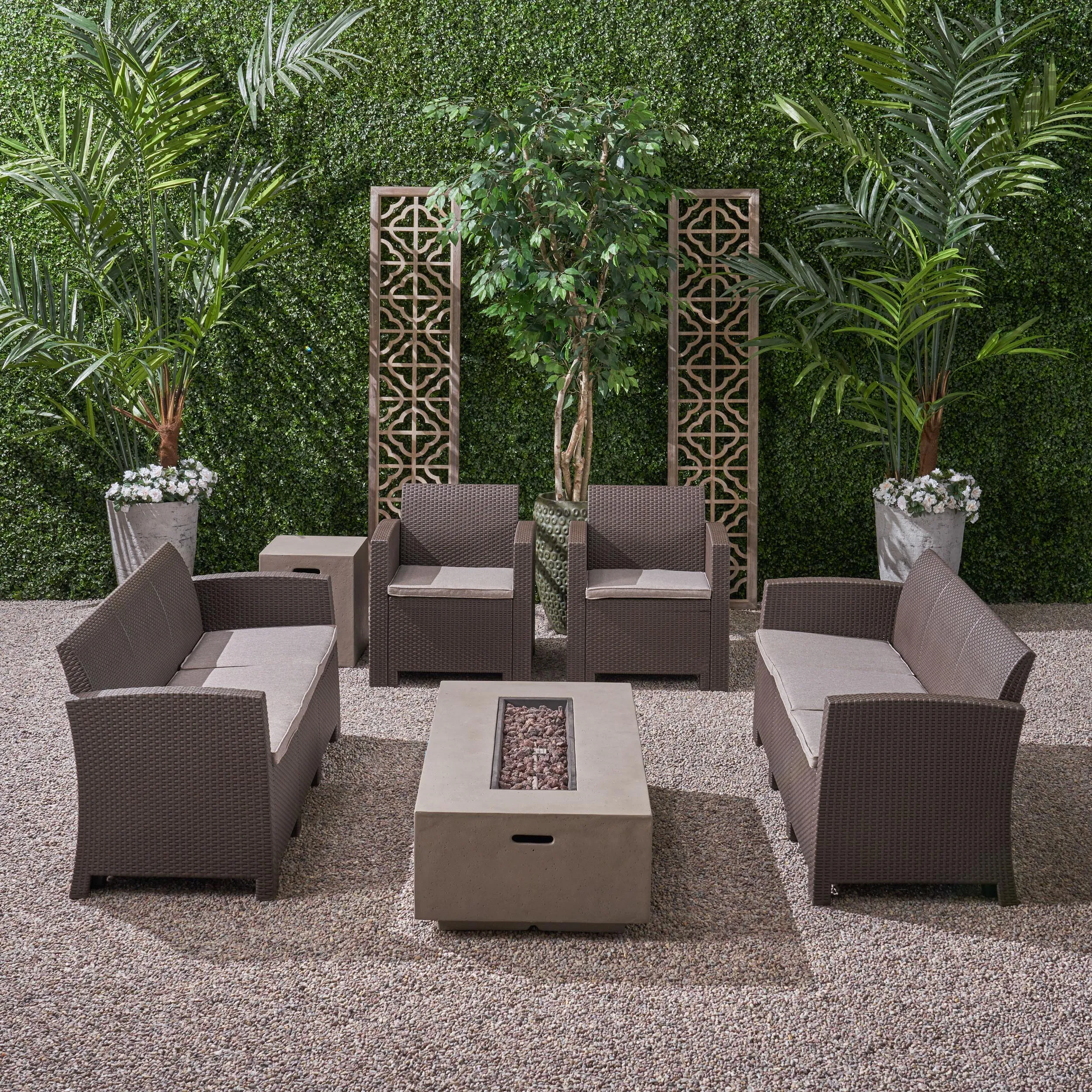 Outdoor 8-Seater Wicker Print Chat Set with Fire Pit and Tank Holder - NH713603