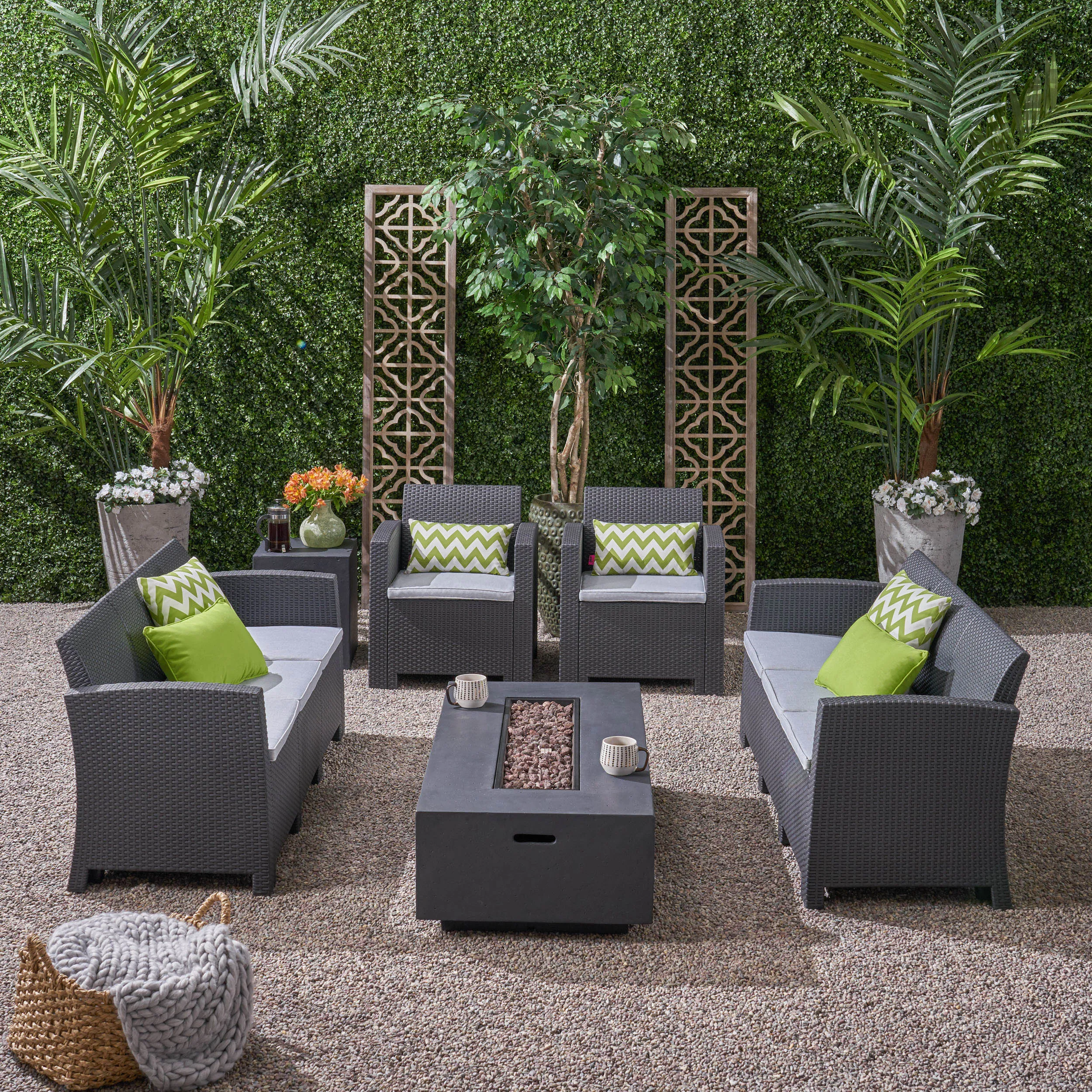 Outdoor 8-Seater Wicker Print Chat Set with Fire Pit and Tank Holder - NH713603