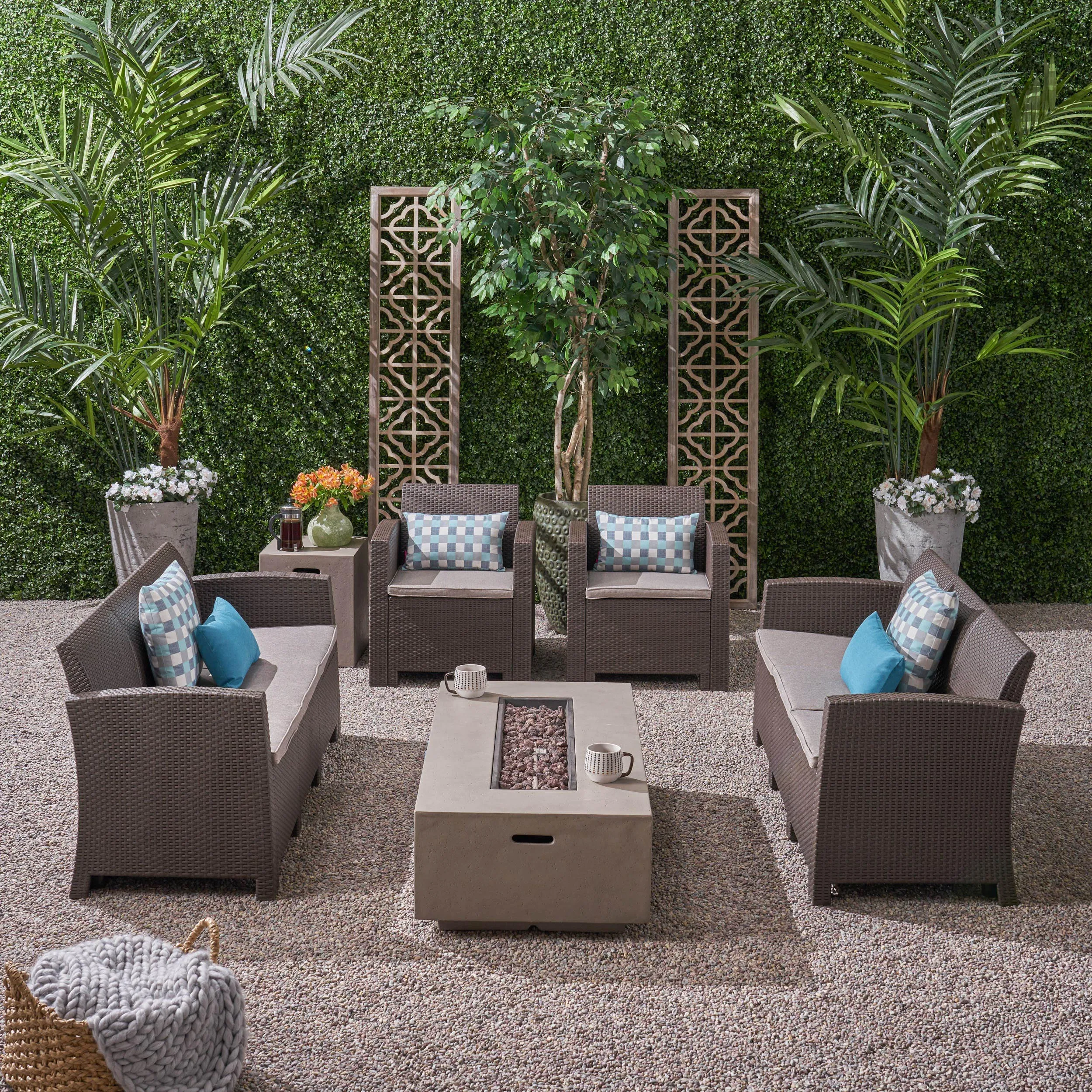 Outdoor 8-Seater Wicker Print Chat Set with Fire Pit and Tank Holder - NH713603 patio chairs, outdoor seating