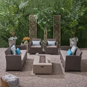 Outdoor 8-Seater Wicker Print Chat Set with Fire Pit and Tank Holder - NH713603 patio chairs, outdoor seating