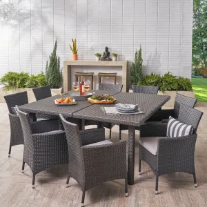 Outdoor 9 Piece Grey Wicker Square Dining Set with Silver Water Resistant Cushions - NH719303 patio chairs, outdoor seating