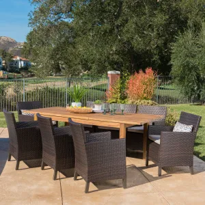 Outdoor 9 Piece Multibrown Wicker Dining Set with Teak Finished Acacia Wood Expandable Dining Table and Light Brown Water Resistant Cushions - NH575303 patio chairs, outdoor seating
