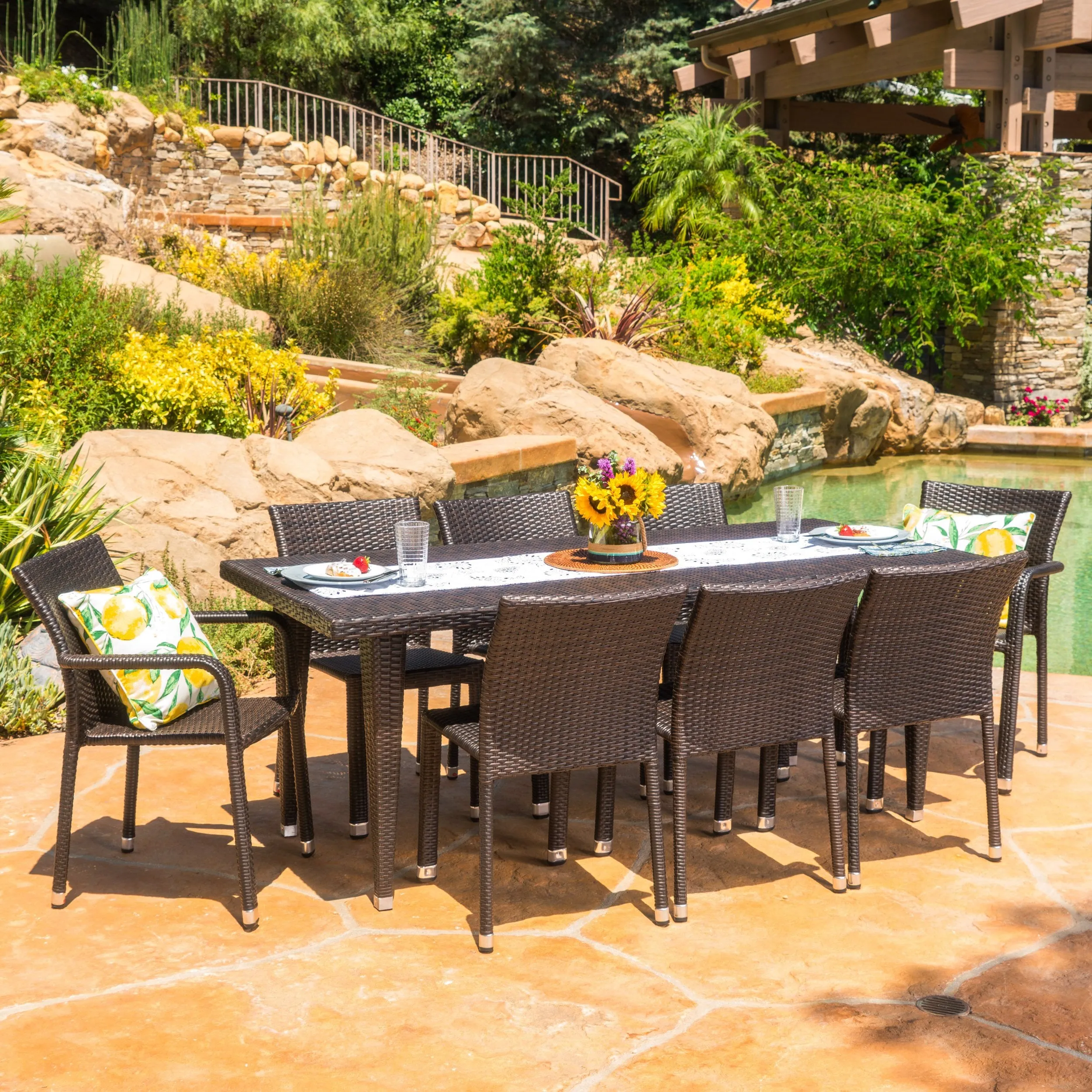 Outdoor 9 Piece Wicker Dining Set with Armed and Armless Dining Chairs - NH235103 patio chairs, outdoor seating