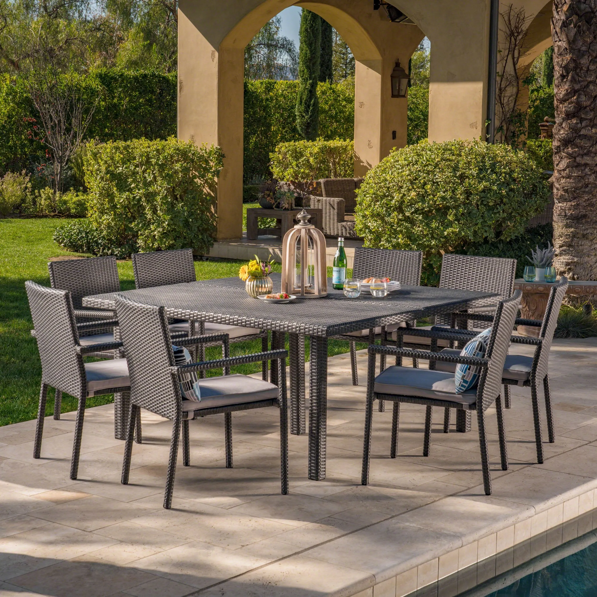 Outdoor 9 Piece Wicker Dining Set with Water Resistant Cushions - NH419303 patio chairs, outdoor seating