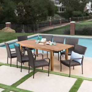 Outdoor 9 Piece Wicker Dining Set with Wood Expandable Dining Table - NH975303 patio chairs, outdoor seating