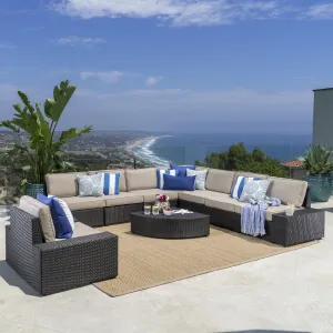 Outdoor 9 Piece Wicker Sectional with Beige Water Resistant Cushions - NH767103 patio chairs, outdoor seating