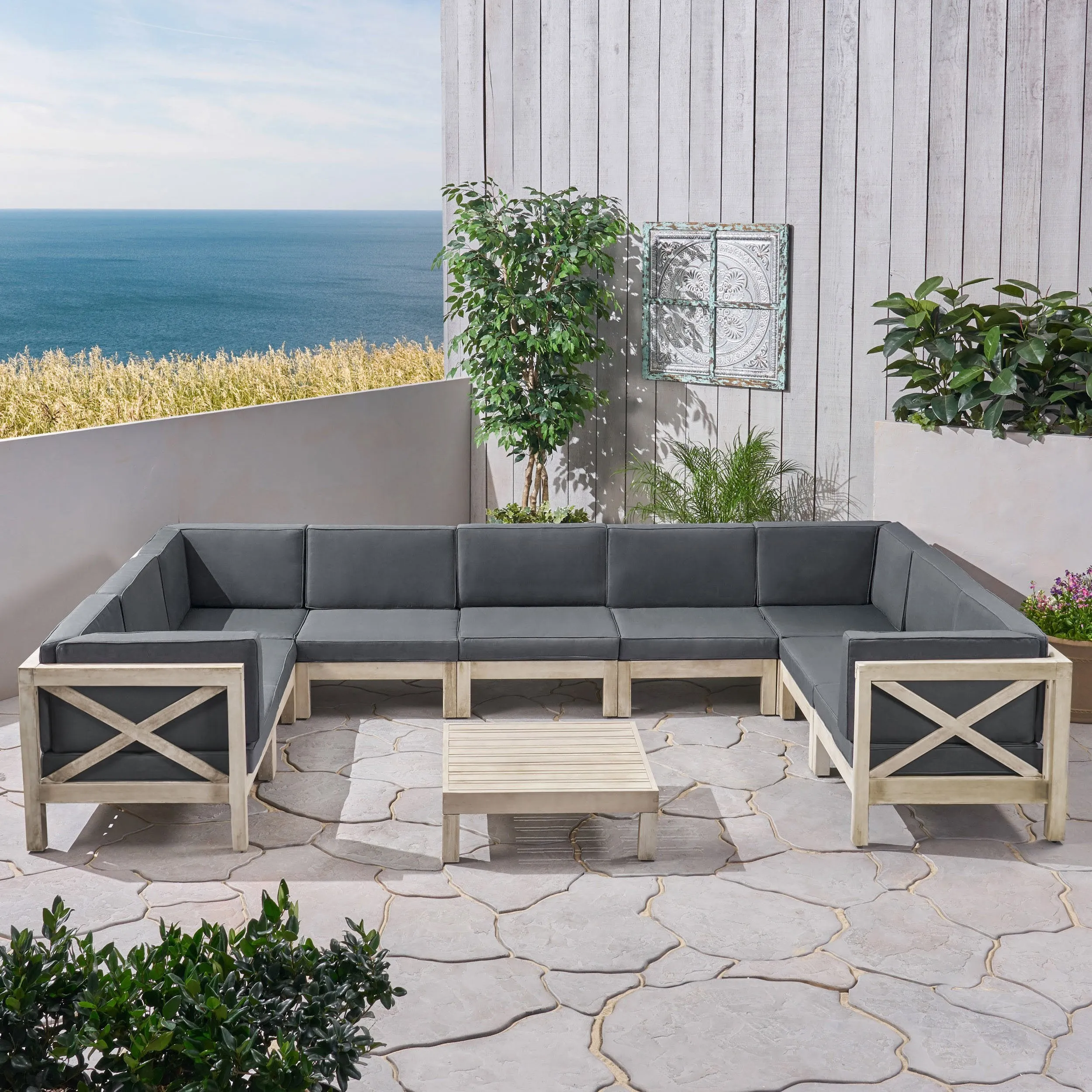 Outdoor 9 Seater Acacia Wood Sectional Sofa Set, Weathered Finish and Dark Gray - NH844803 patio chairs, outdoor seating