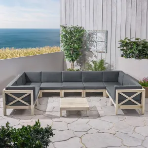 Outdoor 9 Seater Acacia Wood Sectional Sofa Set, Weathered Finish and Dark Gray - NH844803 patio chairs, outdoor seating