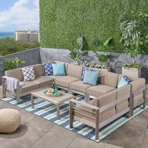 Outdoor 9-Seater Aluminum Sectional Sofa Set with Coffee Table, Silver and Khaki - NH105603 patio chairs, outdoor seating