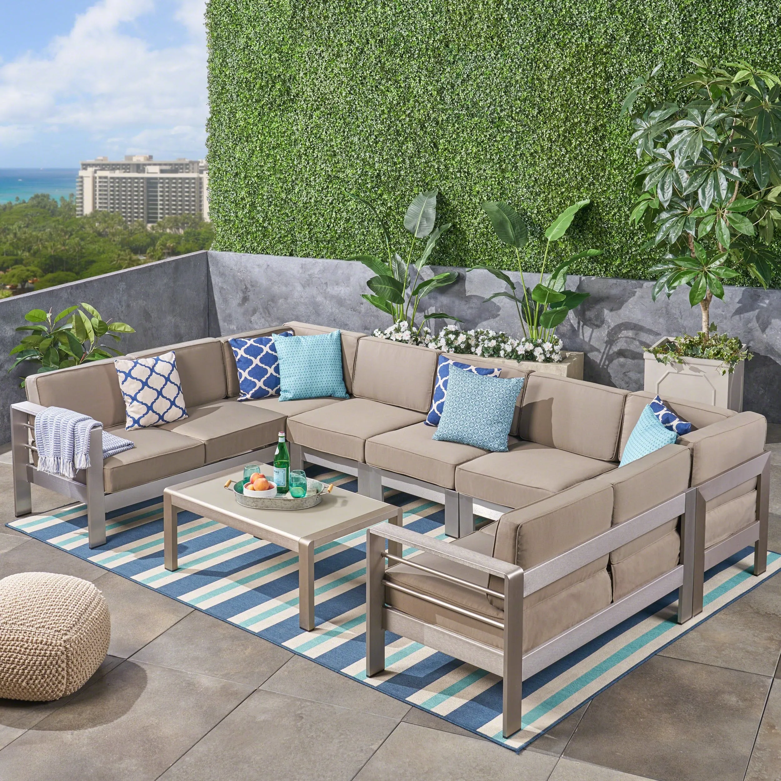 Outdoor 9-Seater Aluminum Sectional Sofa Set with Coffee Table, Silver and Khaki - NH105603 patio chairs, outdoor seating