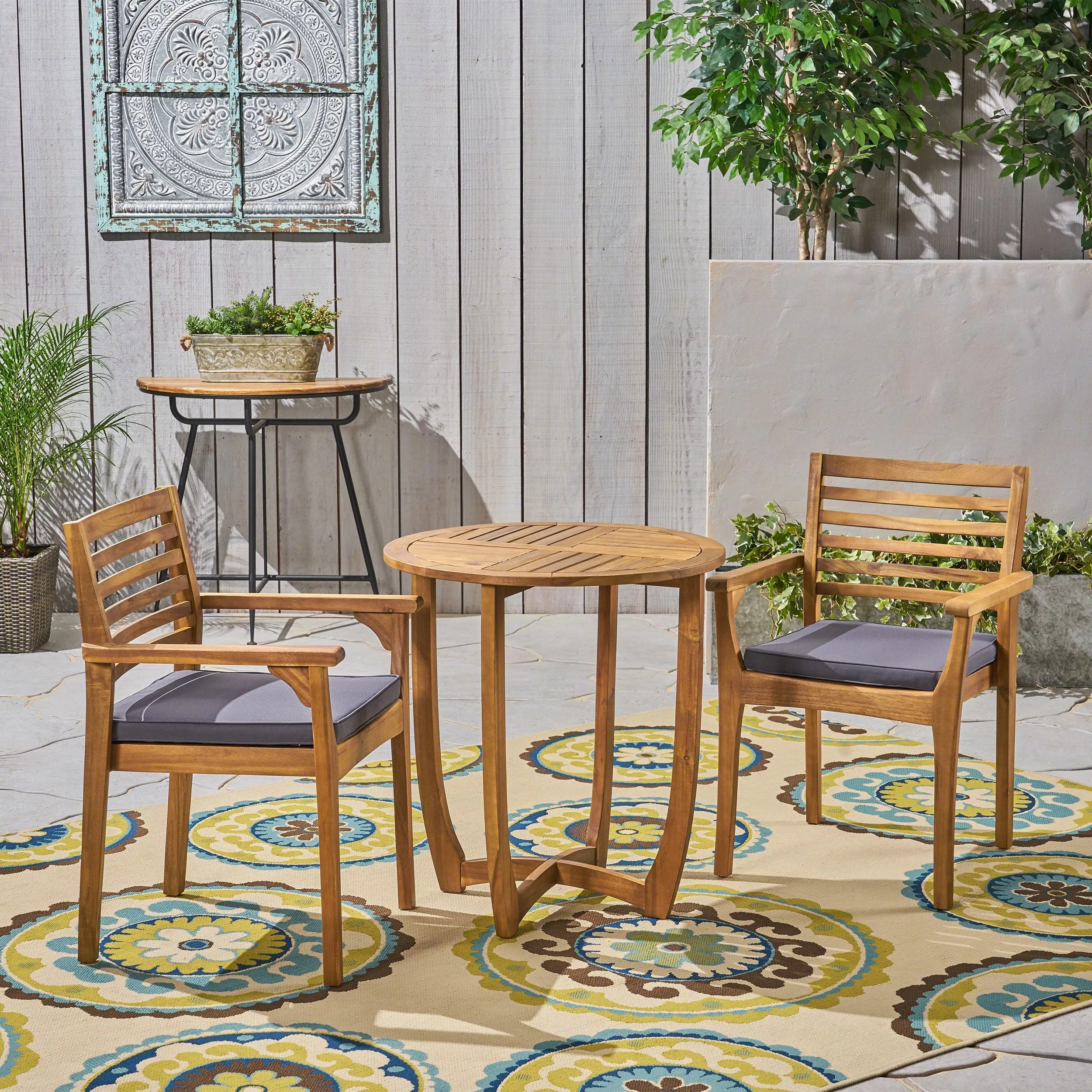 Outdoor Acacia 2-Seater Bistro Set with Cushions and 28" Round Table with Closed Legs - NH832703 patio chairs, outdoor seating