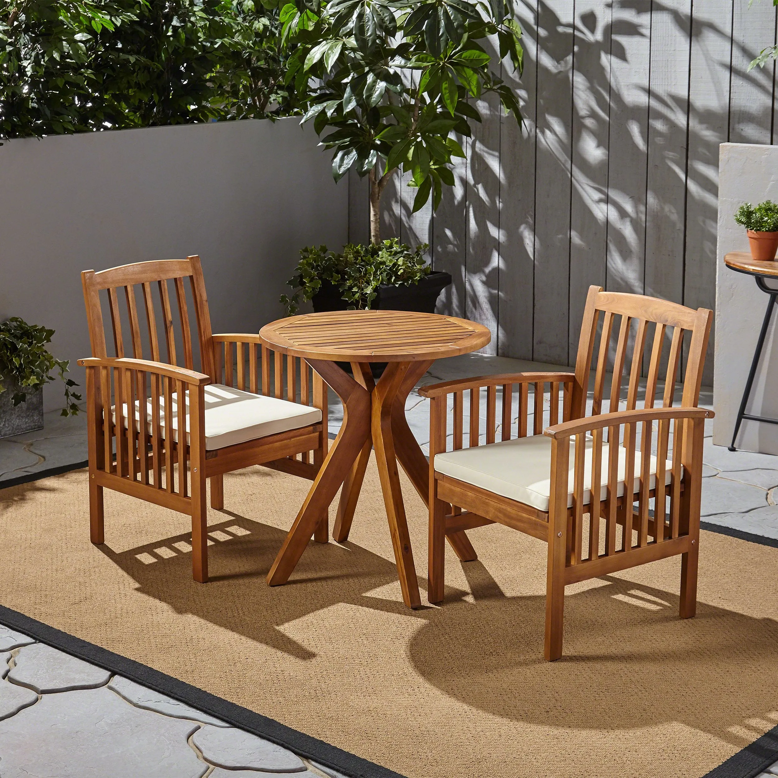 Outdoor Acacia 2-Seater Bistro Set with Cushions and 28" Round Table with X-Legs - NH512703 patio chairs, outdoor seating
