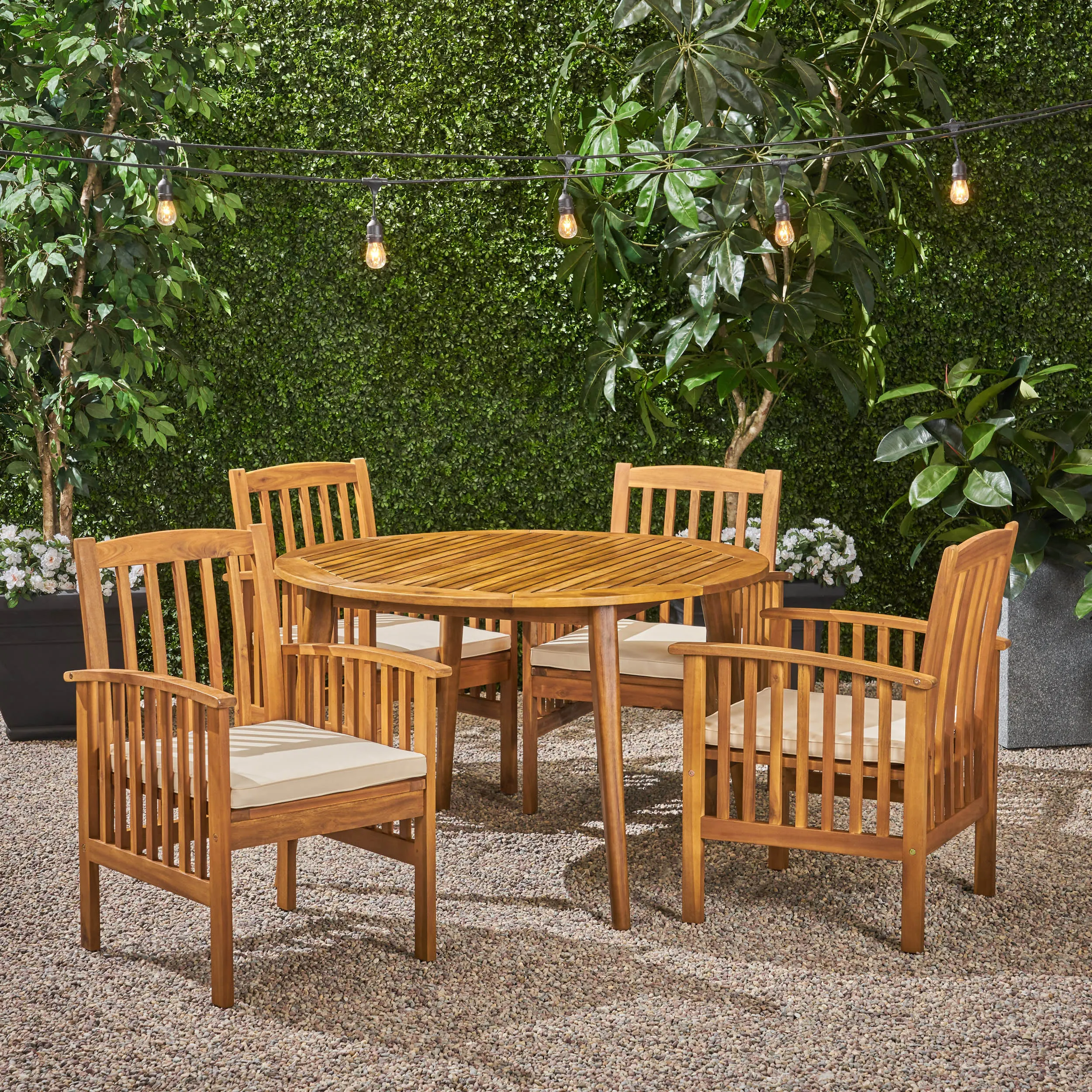 Outdoor Acacia 4-Seater Dining Set with Cushions and 47" Round Table with Straight Legs - NH812703 patio chairs, outdoor seating