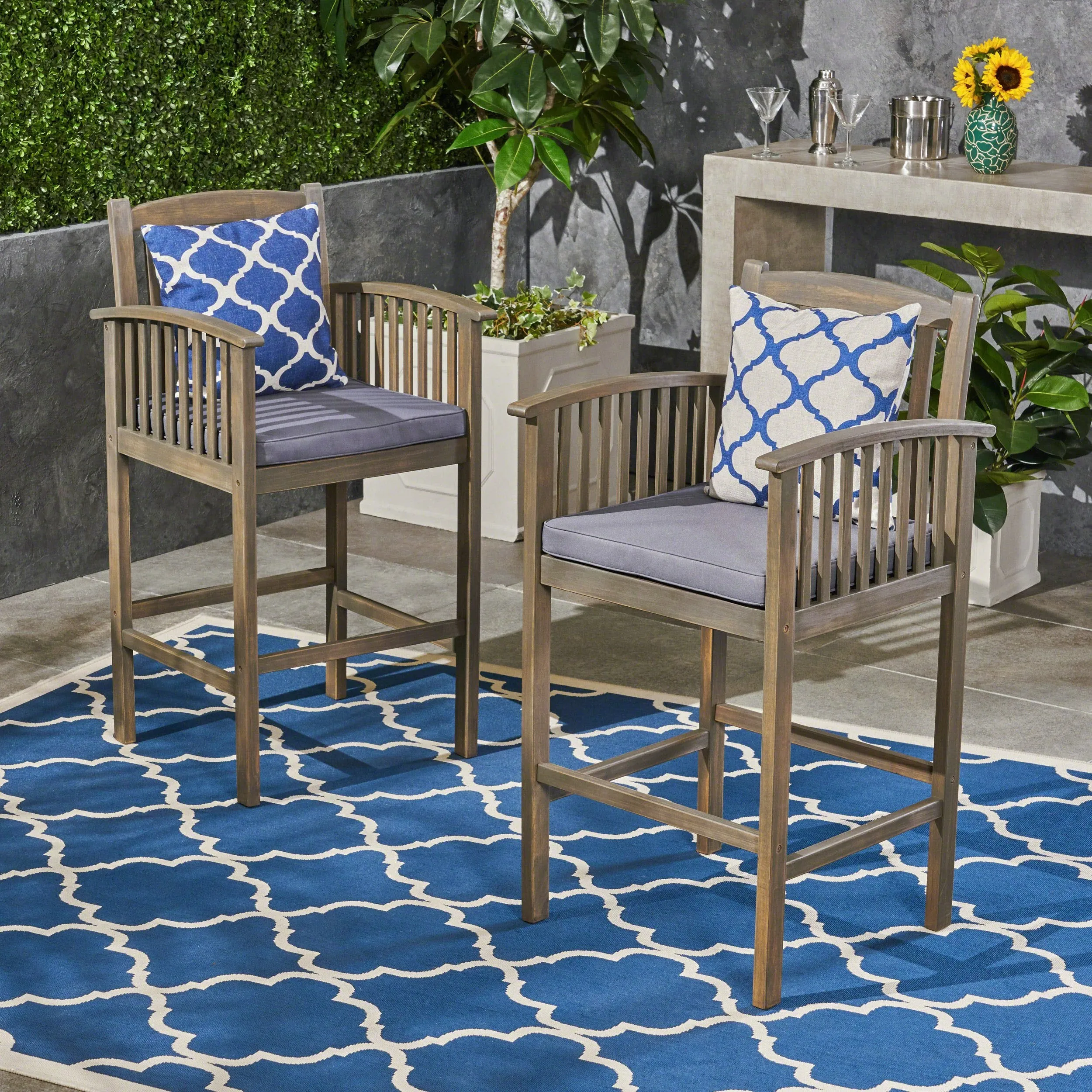 Outdoor Acacia Barstools, Gray Finish and Dark (Set of 2) - NH840603 patio chairs, outdoor seating