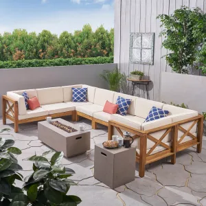 Outdoor Acacia Wood 10-Piece U-Shaped Sectional Sofa Set with Fire Pit - NH847603 patio chairs, outdoor seating