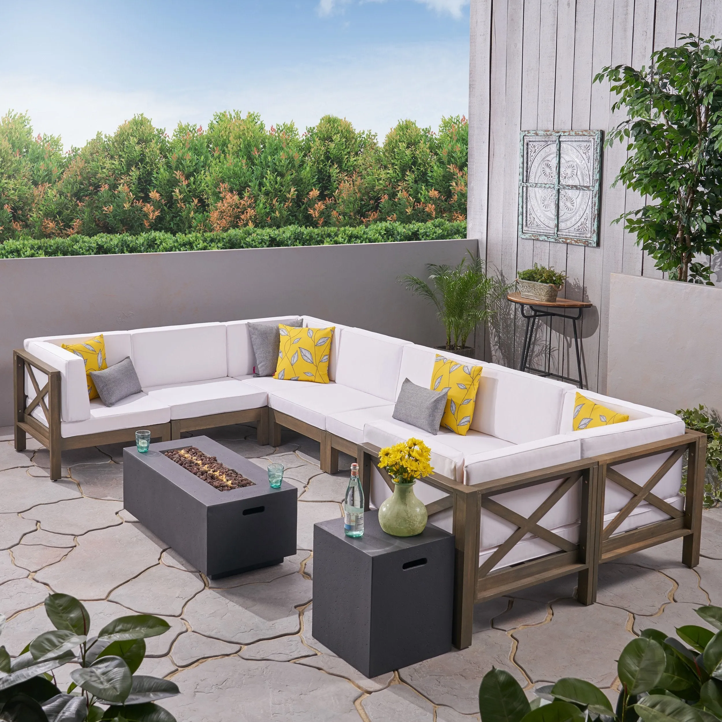 Outdoor Acacia Wood 10-Piece U-Shaped Sectional Sofa Set with Fire Pit - NH847603