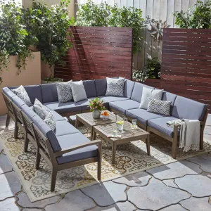 Outdoor Acacia Wood 10 Seater Sectional Sofa Set with Two Coffee Tables - NH265603 patio chairs, outdoor seating