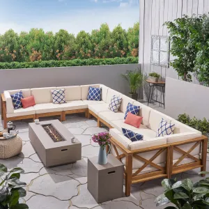 Outdoor Acacia Wood 10 Seater U-Shaped Sectional Sofa Set with Fire Pit - NH077603 patio chairs, outdoor seating