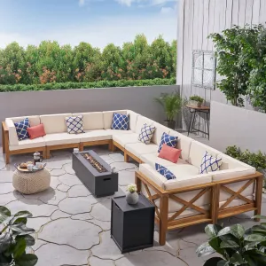 Outdoor Acacia Wood 10 Seater U-Shaped Sectional Sofa Set with Fire Pit - NH777603 patio chairs, outdoor seating