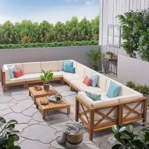 Outdoor Acacia Wood 10 Seater U-Shaped Sectional Sofa Set with Two Coffee Tables - NH267603 patio chairs, outdoor seating