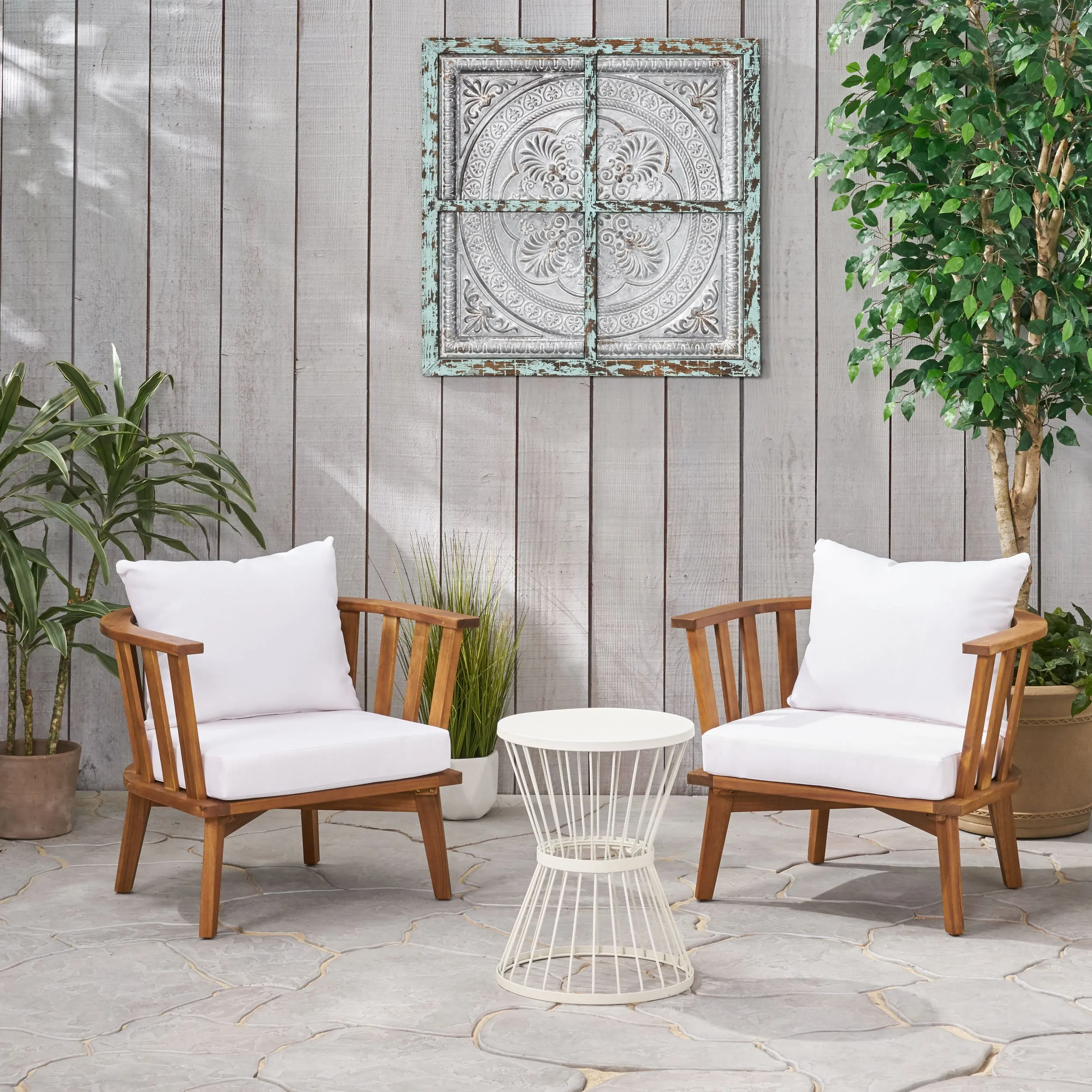 Outdoor Acacia Wood 2 Seater Club Chairs and Side Table Set - NH926903 patio chairs, outdoor seating
