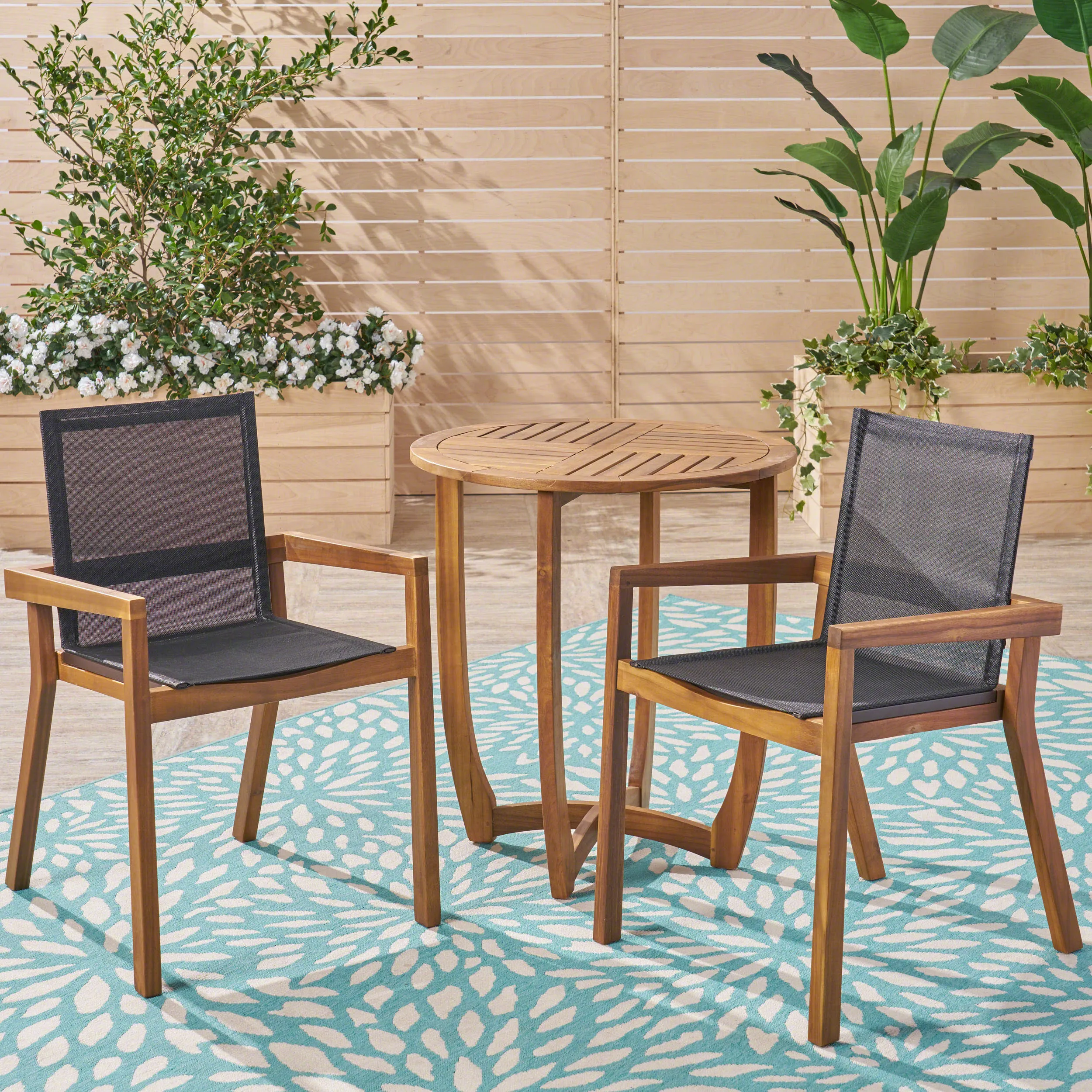 Outdoor Acacia Wood 3 Piece Dining Set with Mesh Seats - NH259603 patio chairs, outdoor seating