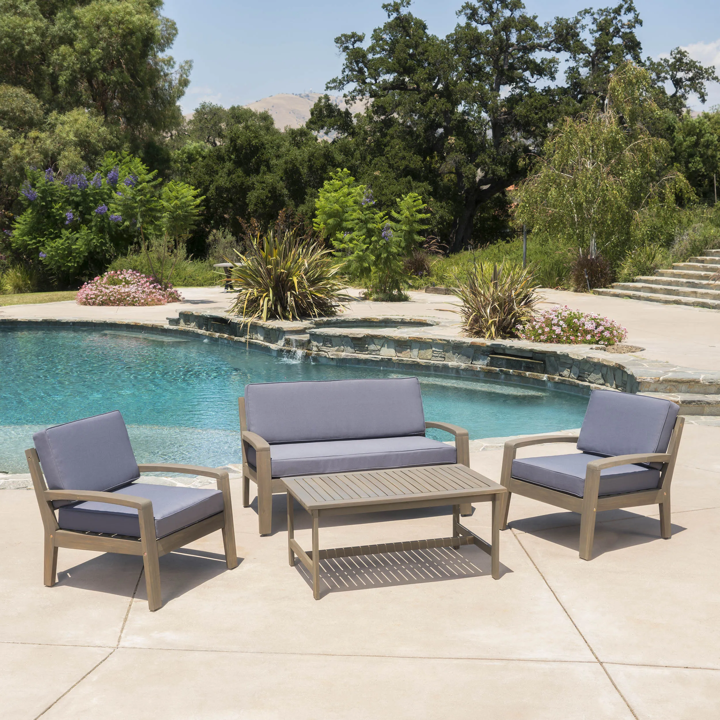 Outdoor Acacia Wood 4 Piece Chat Set w/ Water Resistant Cushions - NH121103 patio chairs, outdoor seating