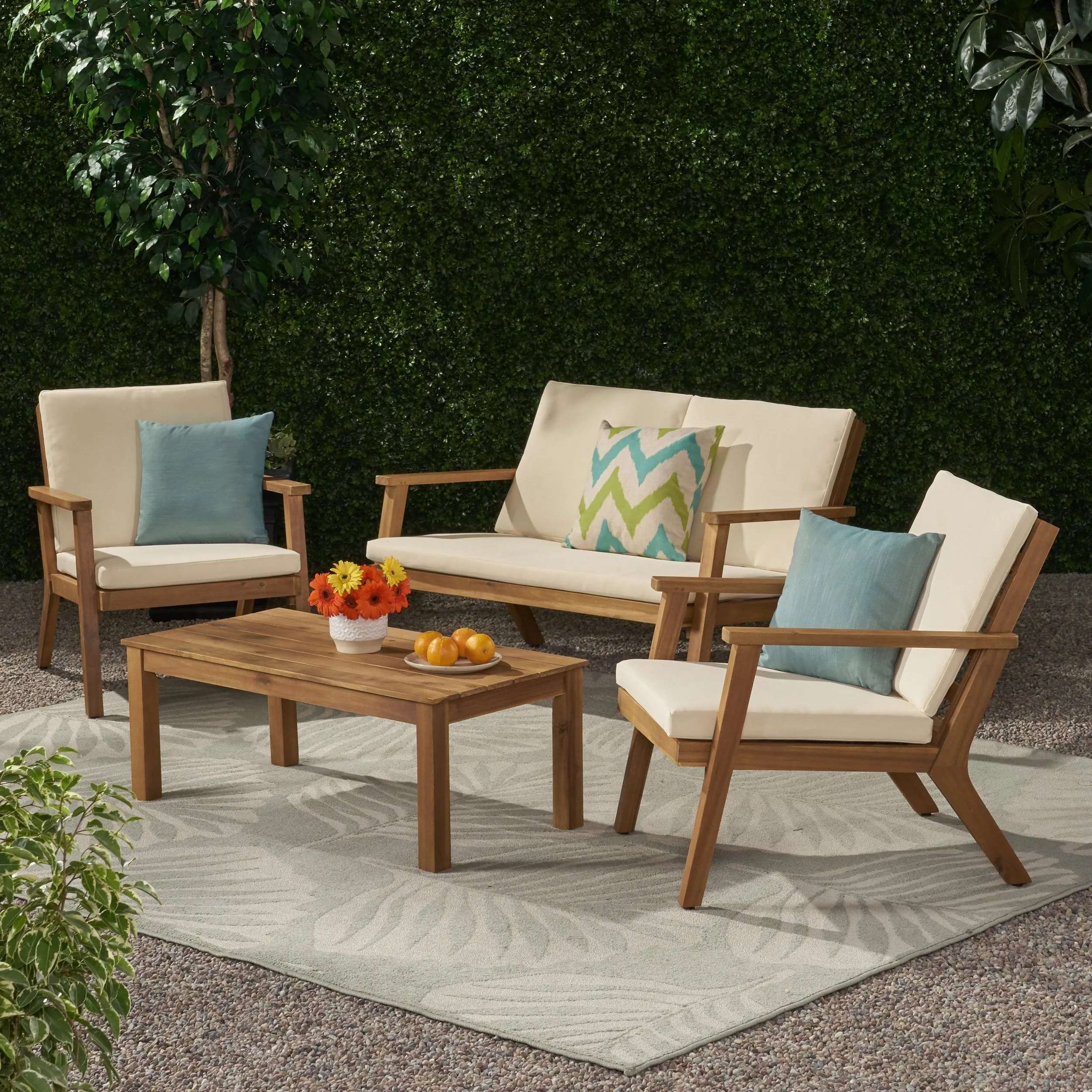 Outdoor Acacia Wood 4 Seater Chat Set with Cushions - NH051213