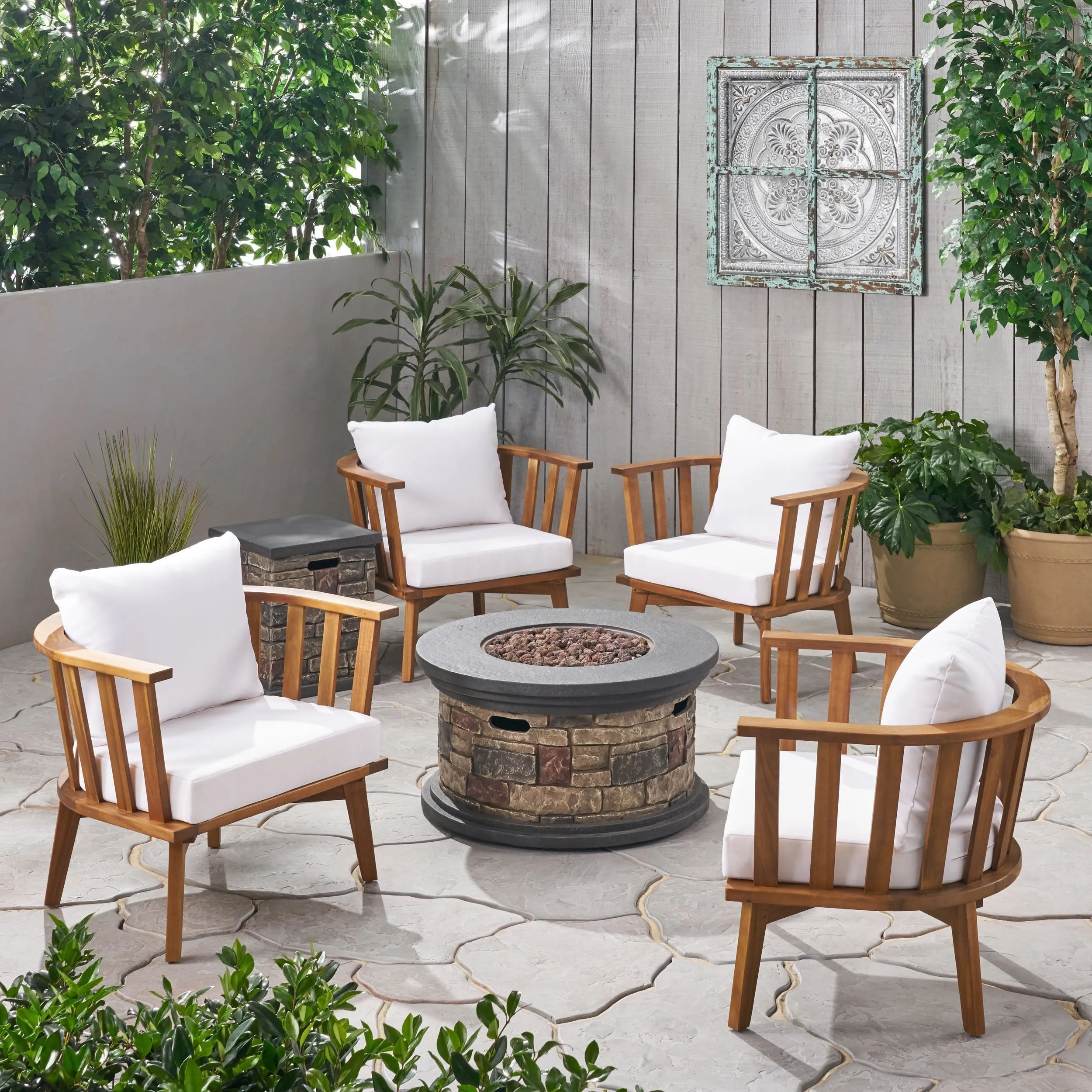 Outdoor Acacia Wood 4 Seater Club Chairs and Fire Pit Set - NH026903 patio chairs, outdoor seating