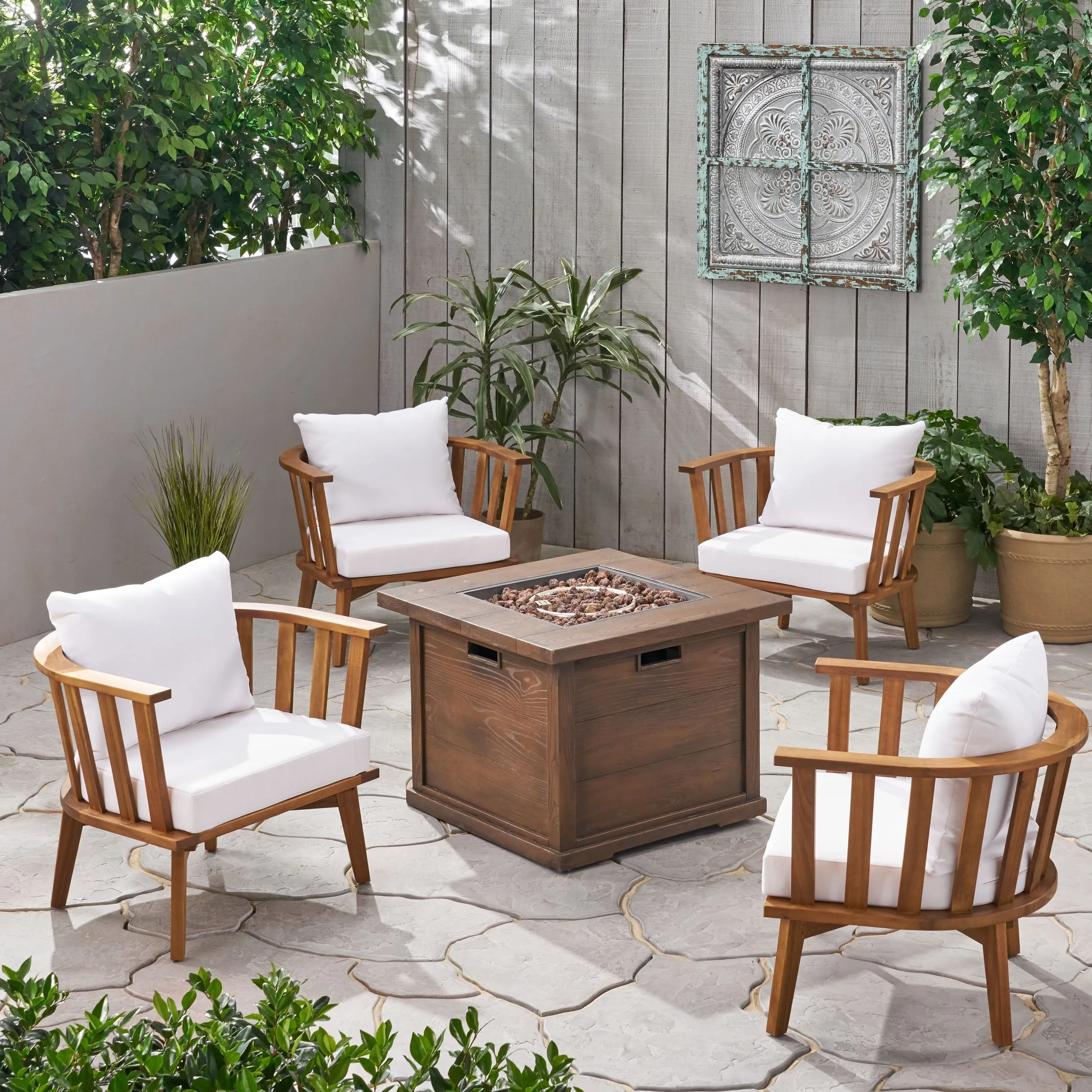 Outdoor Acacia Wood 4 Seater Club Chairs and Fire Pit Set - NH136903 patio chairs, outdoor seating